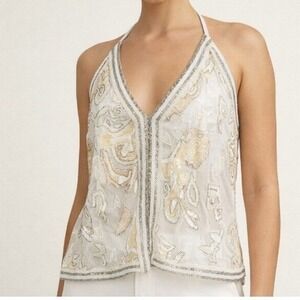 Free People Beaded Sequin Off-White Abstract Embellished V-Neck Halter Top M